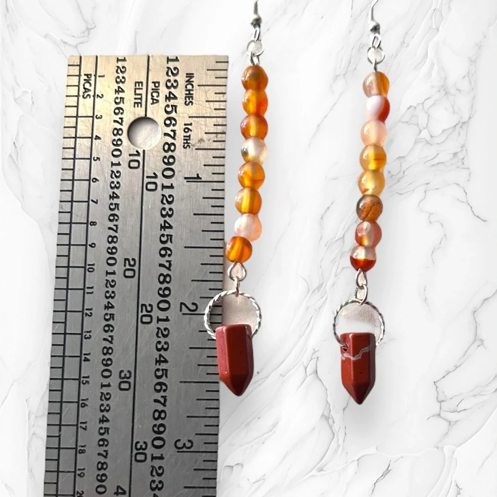 Hand Crafted Earrings Agate Red Jasper Long Dangle Pierced Natural Stones - Picture 4 of 4